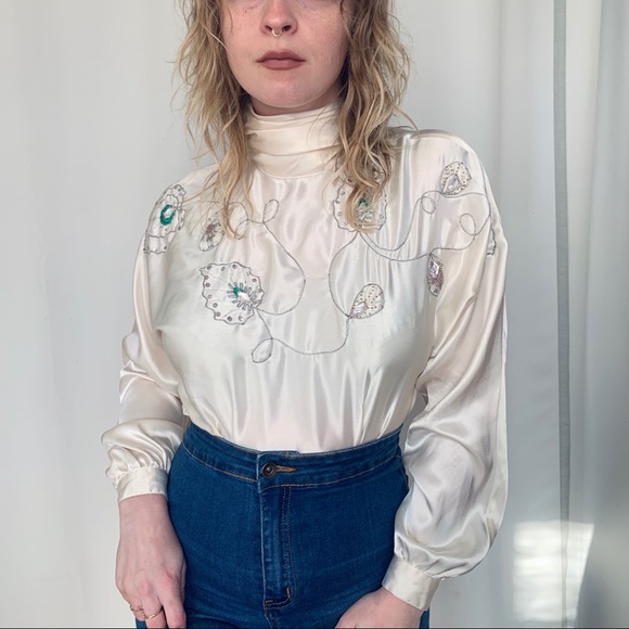 Silky Beaded and Embroidered Long Sleeve Blouse - Picture 1 of 3